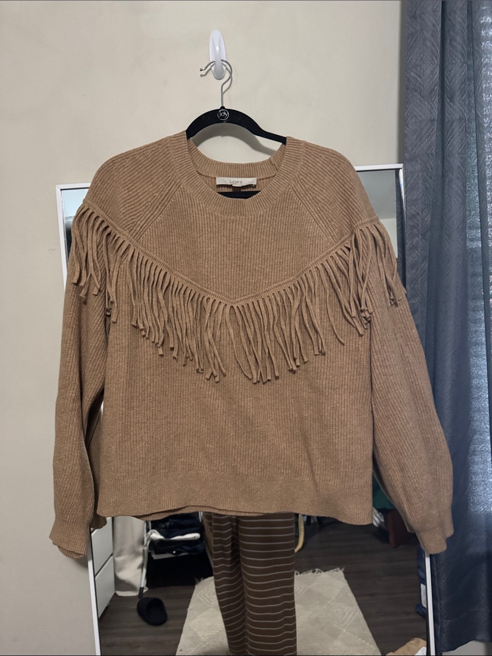 Cozy Fringe Crewneck Sweater - Camel